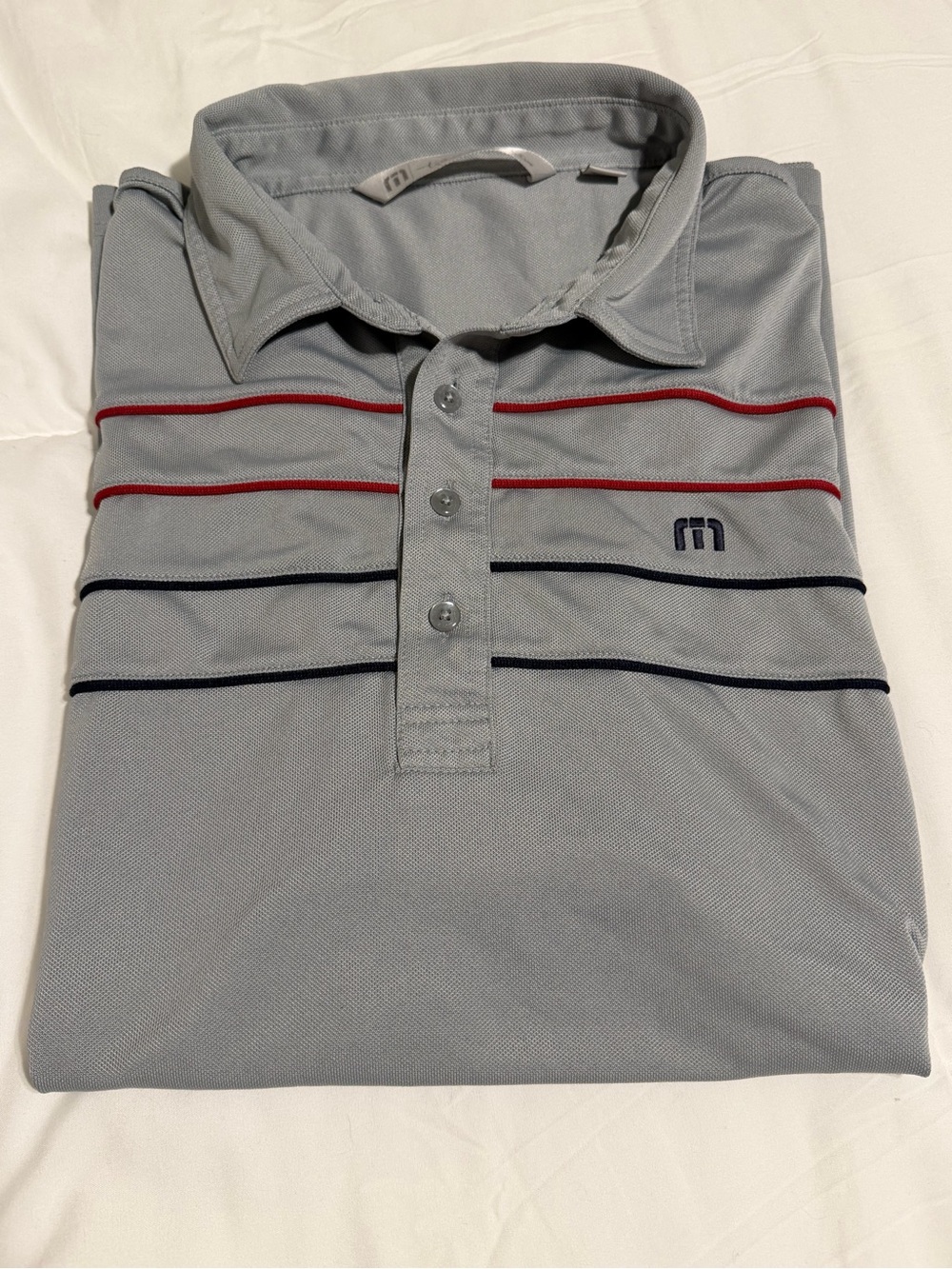 Travis Mathew Light Gray Polo with Red & Navy Stripes